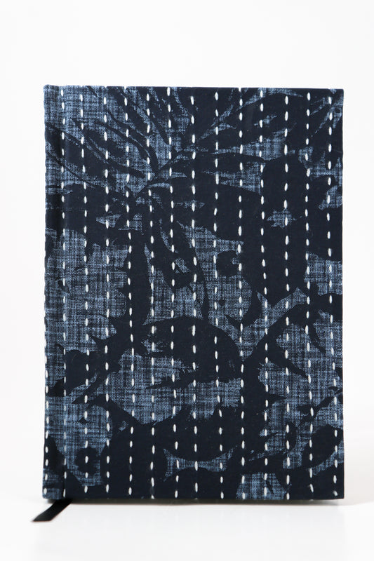 Kantha Stitching Indigo Leaf On Pattern Design Hand-Embroidered Journal
