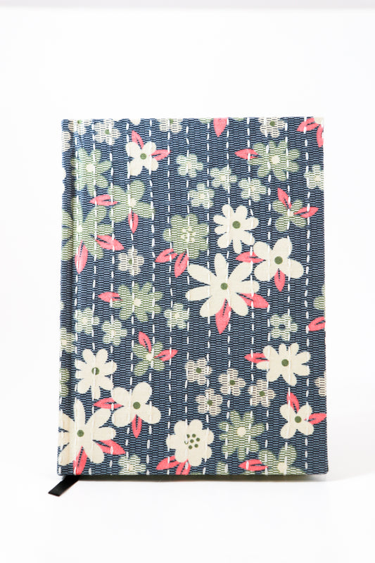 Kantha Stitching Blue Floral On Pattern Design Hand-Embroidered Journal